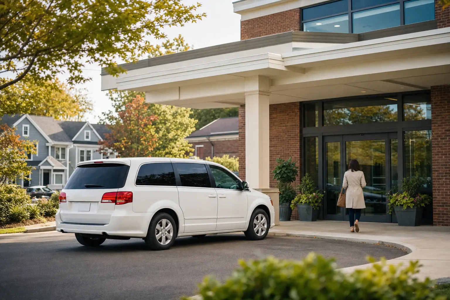 A white van waits at the covered patient drop-off of a medical office building