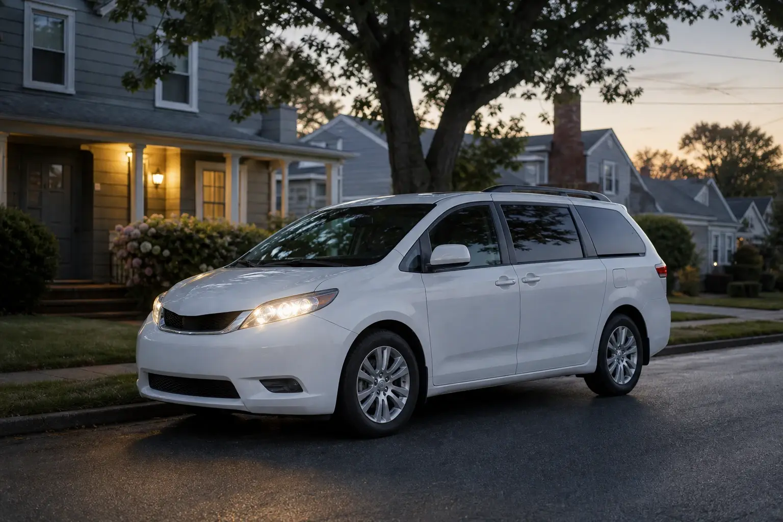 A white van waiting at dawn outside a house with its porch light on