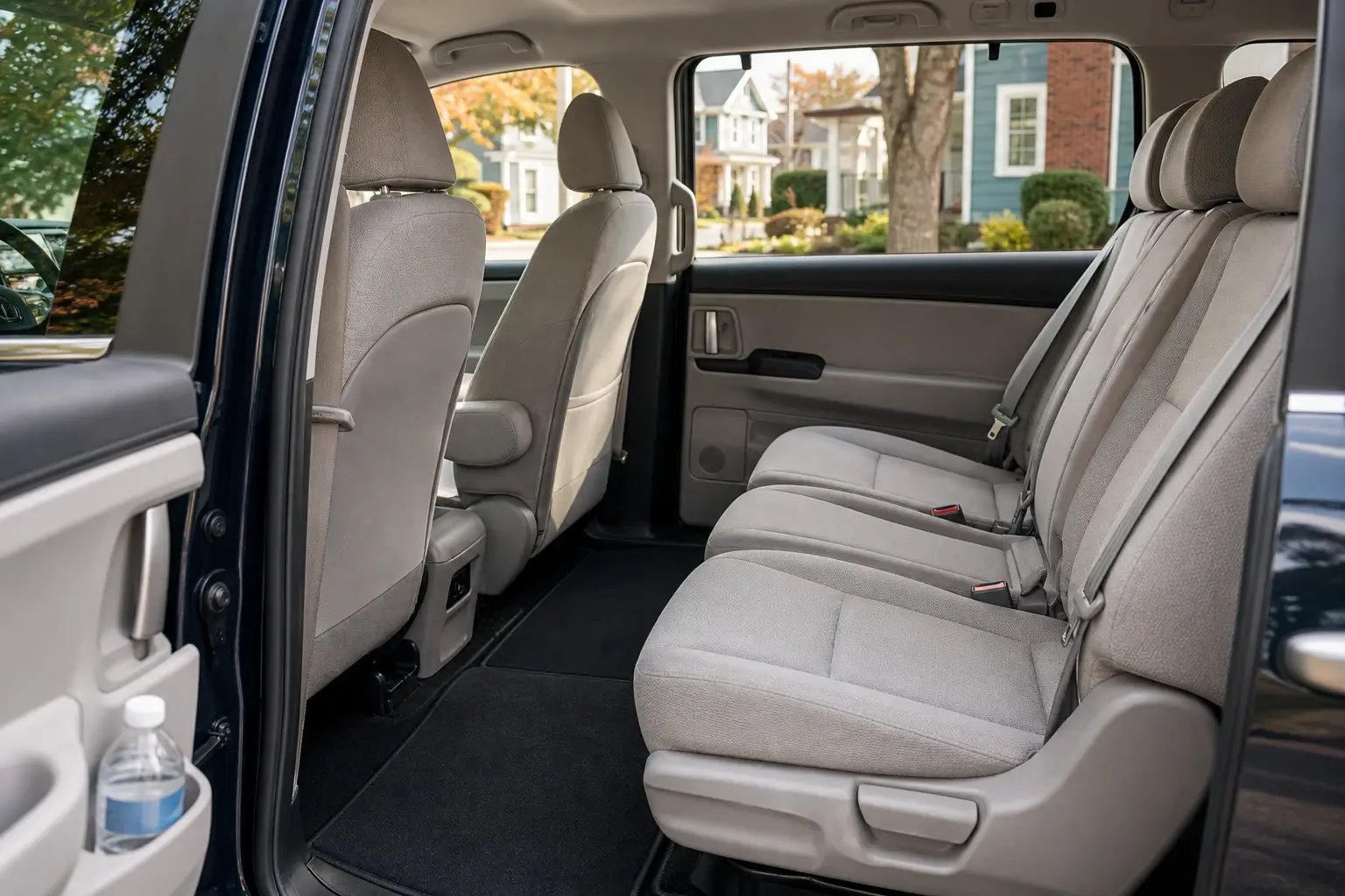 The clean interior of a passenger van seen through the open side door